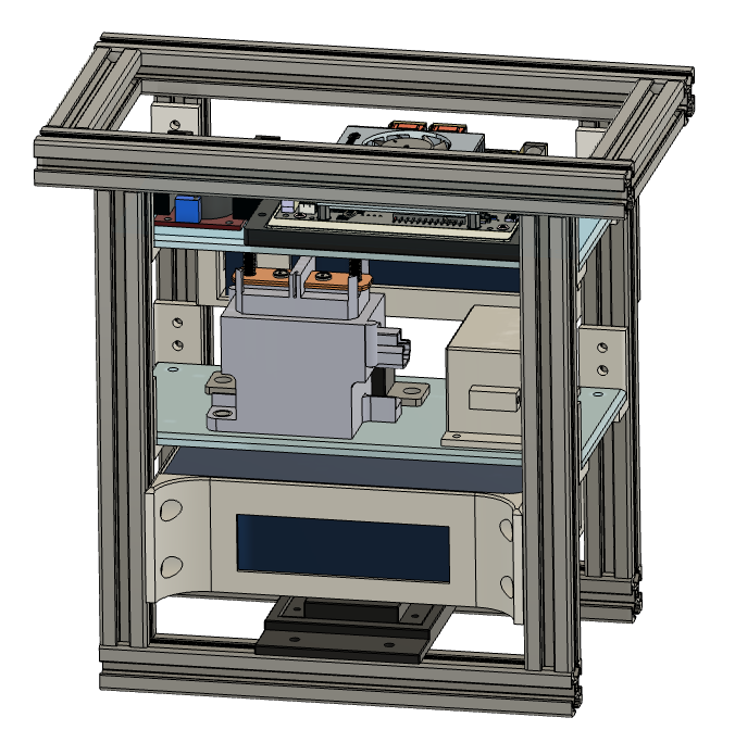 CAD model of the robot's body: an aluminum extrusion frame with several floors holding the computer and booster at the top, the power relay and other components on the middle floor, the batteries below, and the IMU mounted at the bottom.