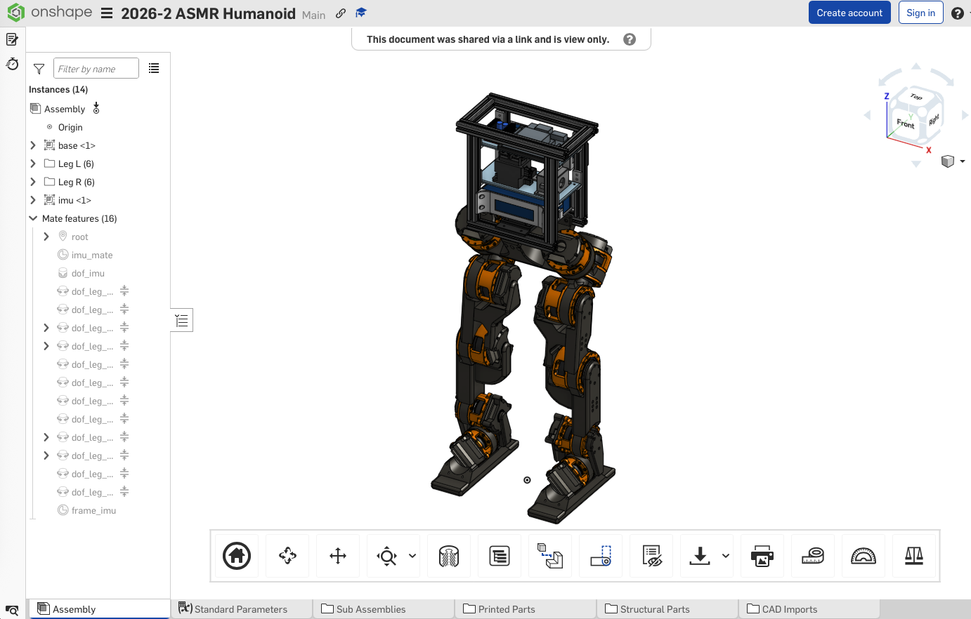 Onshape assembly of the 2026-2 ASMR Humanoid baseline model: a bipedal robot with a rectangular body frame holding the electronics on top of two legs, each with six joints. The assembly tree lists base, Leg L, Leg R, and imu.