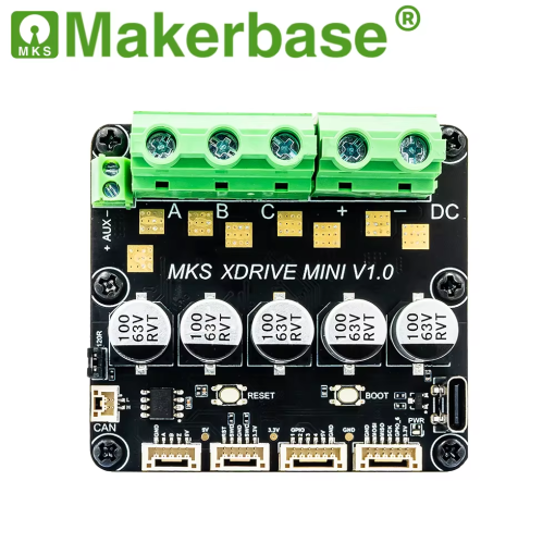 XDrive MINI motor driver board, with green screw terminal blocks for motor phases A, B, C and DC power, five capacitors, and connectors along the bottom edge.